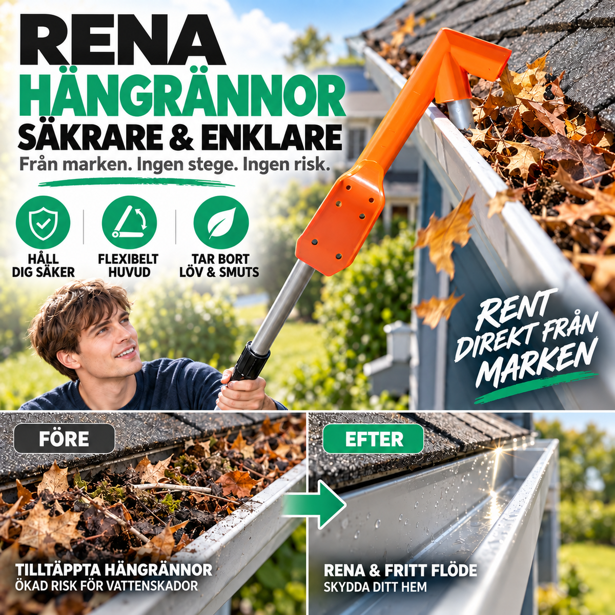 RännClean | Rengöringsverktyg för hängrännor – rensa från marken utan stege